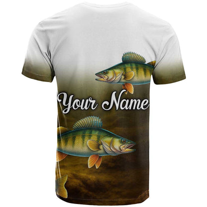 Walleye Fishing Yellow Scales Customize Name T-Shirt Dark Gradient Water Background Graphic Tee