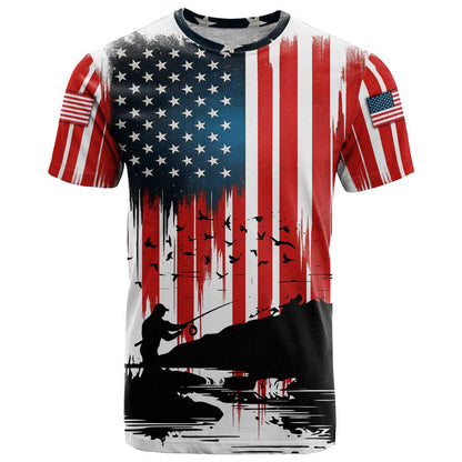 Custom Flag American Fishing T-Shirt Fish Silhouette in Grunge Patriotic Graphic Tee