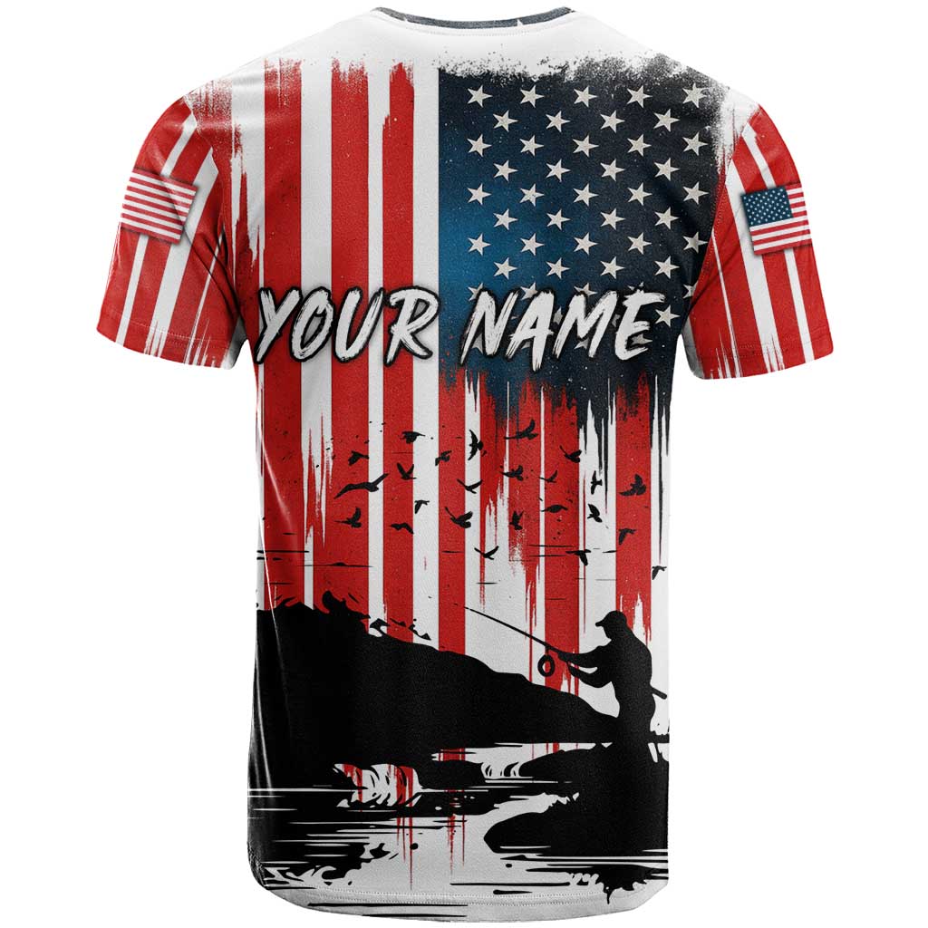 Custom Flag American Fishing T-Shirt Fish Silhouette in Grunge Patriotic Graphic Tee