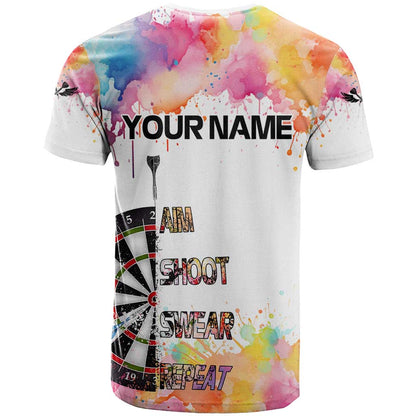Custom Name Darts T-Shirt Funny Dartboards Colorful Paint Aim Shoot Swear Repeat Graphic Tee