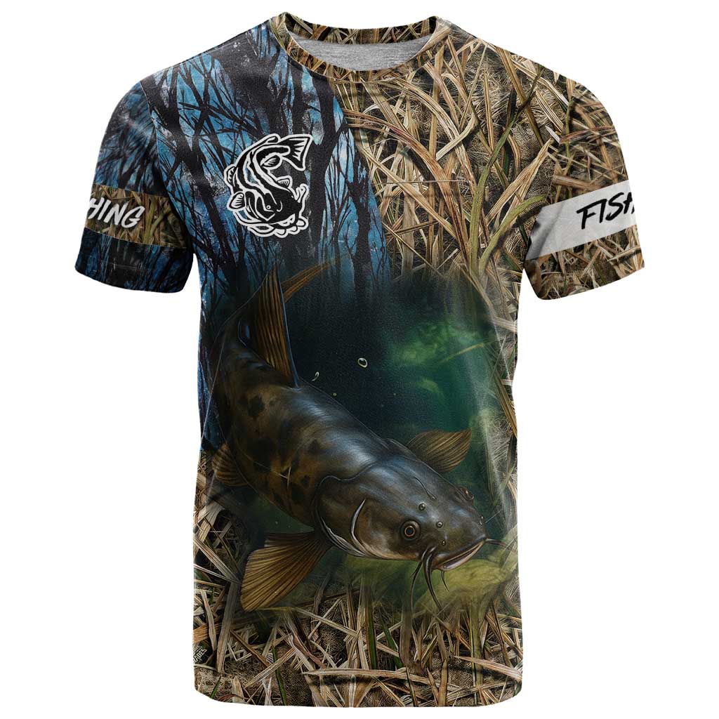 Catfish Fishing Underwater Scene T-Shirt Custom Name Swamp Grass and Camouflage Graphic Tee
