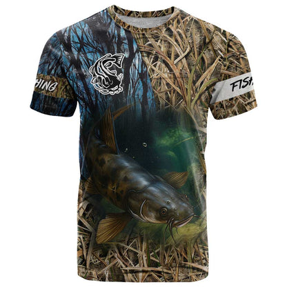 Catfish Fishing Underwater Scene T-Shirt Custom Name Swamp Grass and Camouflage Graphic Tee