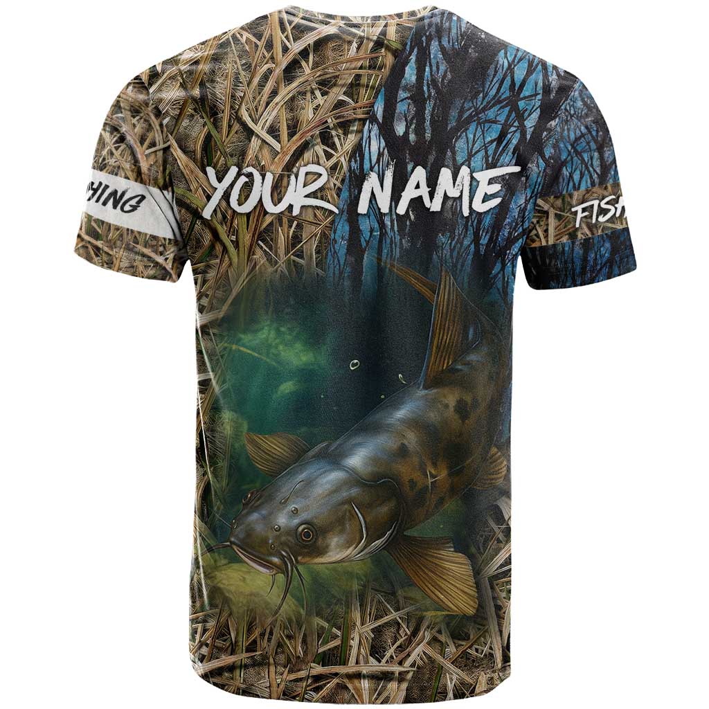 Catfish Fishing Underwater Scene T-Shirt Custom Name Swamp Grass and Camouflage Graphic Tee