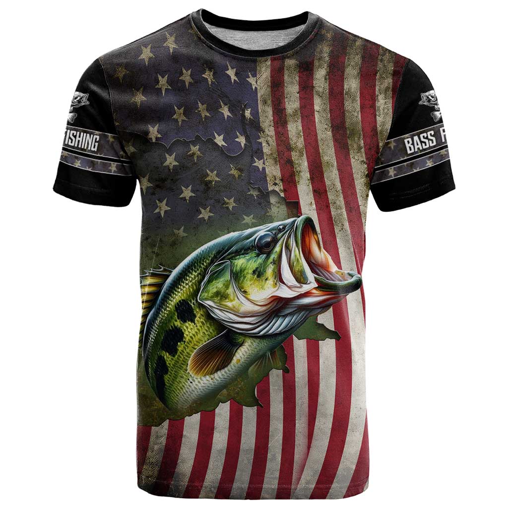 American Flag Largemouth Bass Fishing T-Shirt Jumping Fish Graphic and Custom Name Design Graphic Tee