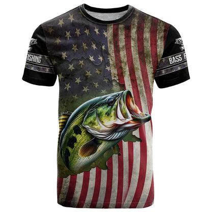 American Flag Largemouth Bass Fishing T-Shirt Jumping Fish Graphic and Custom Name Design Graphic Tee