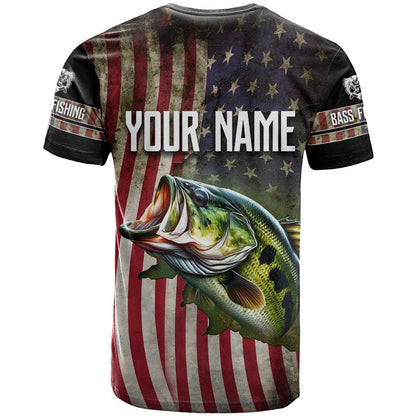 American Flag Largemouth Bass Fishing T-Shirt Jumping Fish Graphic and Custom Name Design Graphic Tee