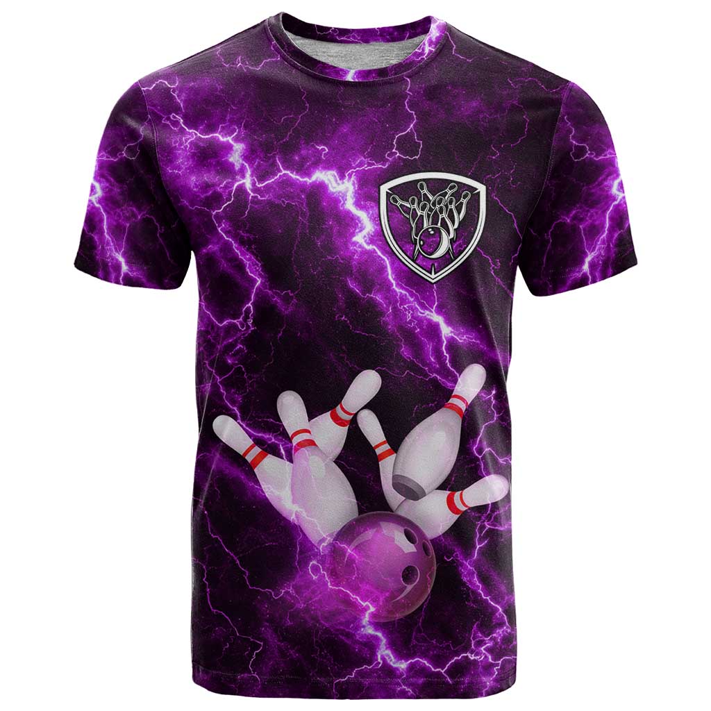 Bowling Ball and Pins T-Shirt Purple Lightning Background and Custom Name Design Graphic Tee