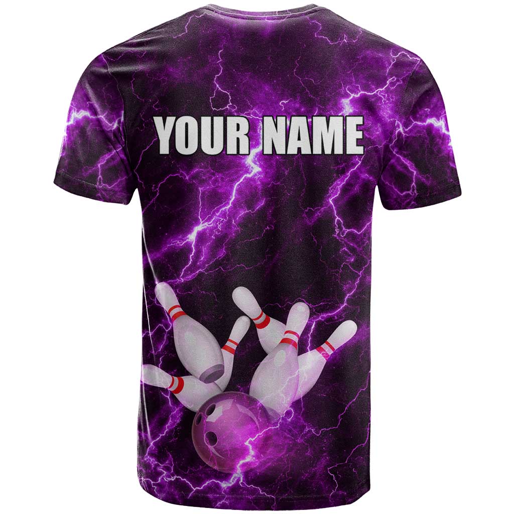 Bowling Ball and Pins T-Shirt Purple Lightning Background and Custom Name Design Graphic Tee