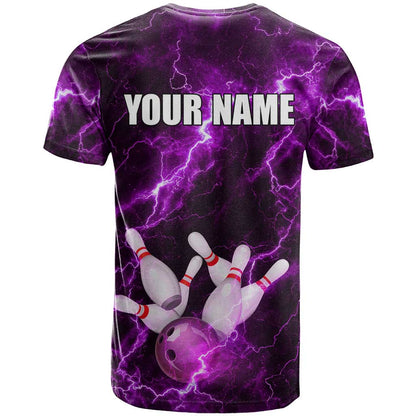 Bowling Ball and Pins T-Shirt Purple Lightning Background and Custom Name Design Graphic Tee