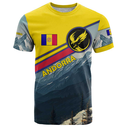 Andorra T-Shirt with Mountain Ridge and Eagle Emblem Design Graphic Tee