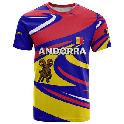 Andorra T-Shirt with Cartoon Ibex and Swirl Stripe Design Graphic Tee