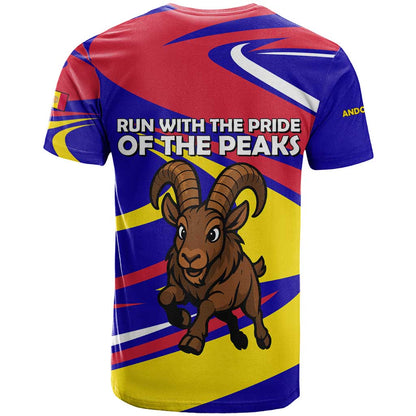 Andorra T-Shirt with Cartoon Ibex and Swirl Stripe Design Graphic Tee