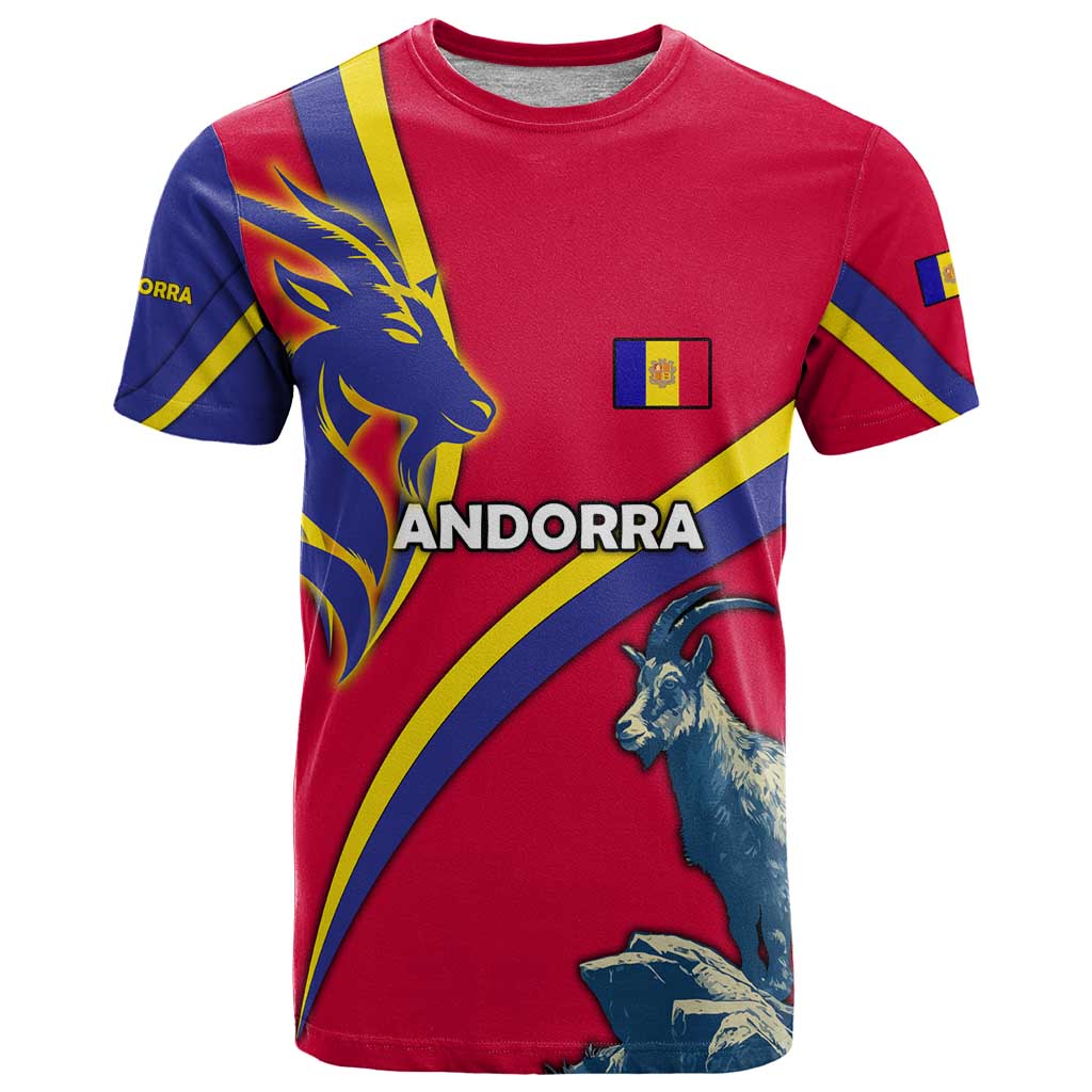 Andorra T-Shirt with Mountain Goat and Curved Stripe Design Graphic Tee
