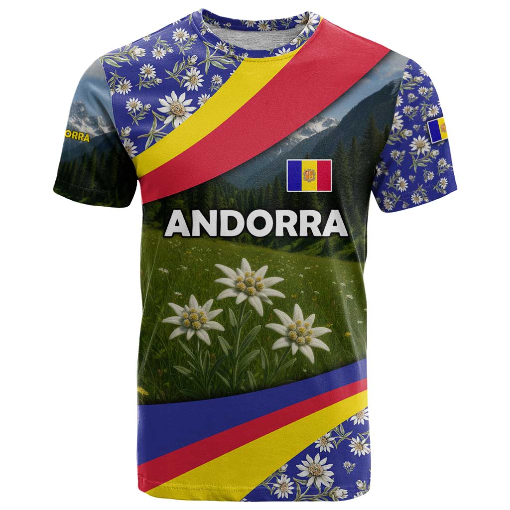 Andorra T-Shirt with Edelweiss Mountain Landscape Design Graphic Tee