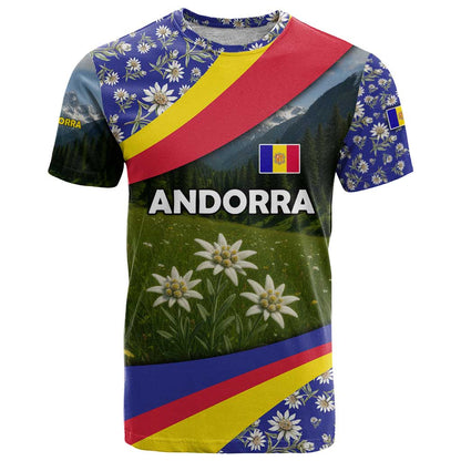 Andorra T-Shirt with Edelweiss Mountain Landscape Design Graphic Tee