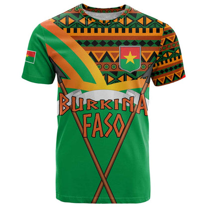 Burkina Faso T-Shirt with Green Tribal Pattern Design and National Flag Motif Graphic Tee