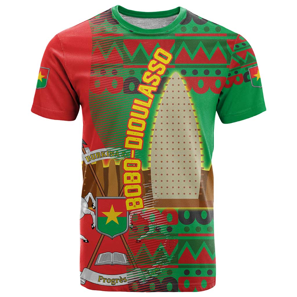Burkina Faso T-Shirt with Red Green Tribal Design and Bobo Dioulasso Landmark Graphic Tee