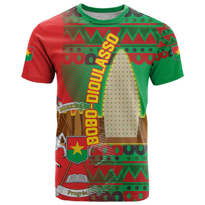 Burkina Faso T-Shirt with Red Green Tribal Design and Bobo Dioulasso Landmark Graphic Tee