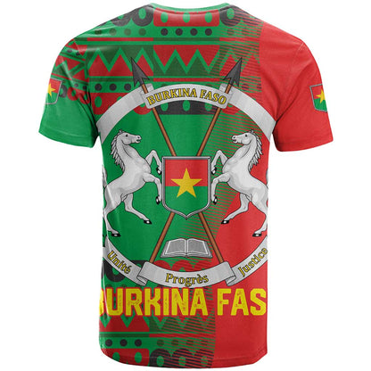 Burkina Faso T-Shirt with Red Green Tribal Design and Bobo Dioulasso Landmark Graphic Tee