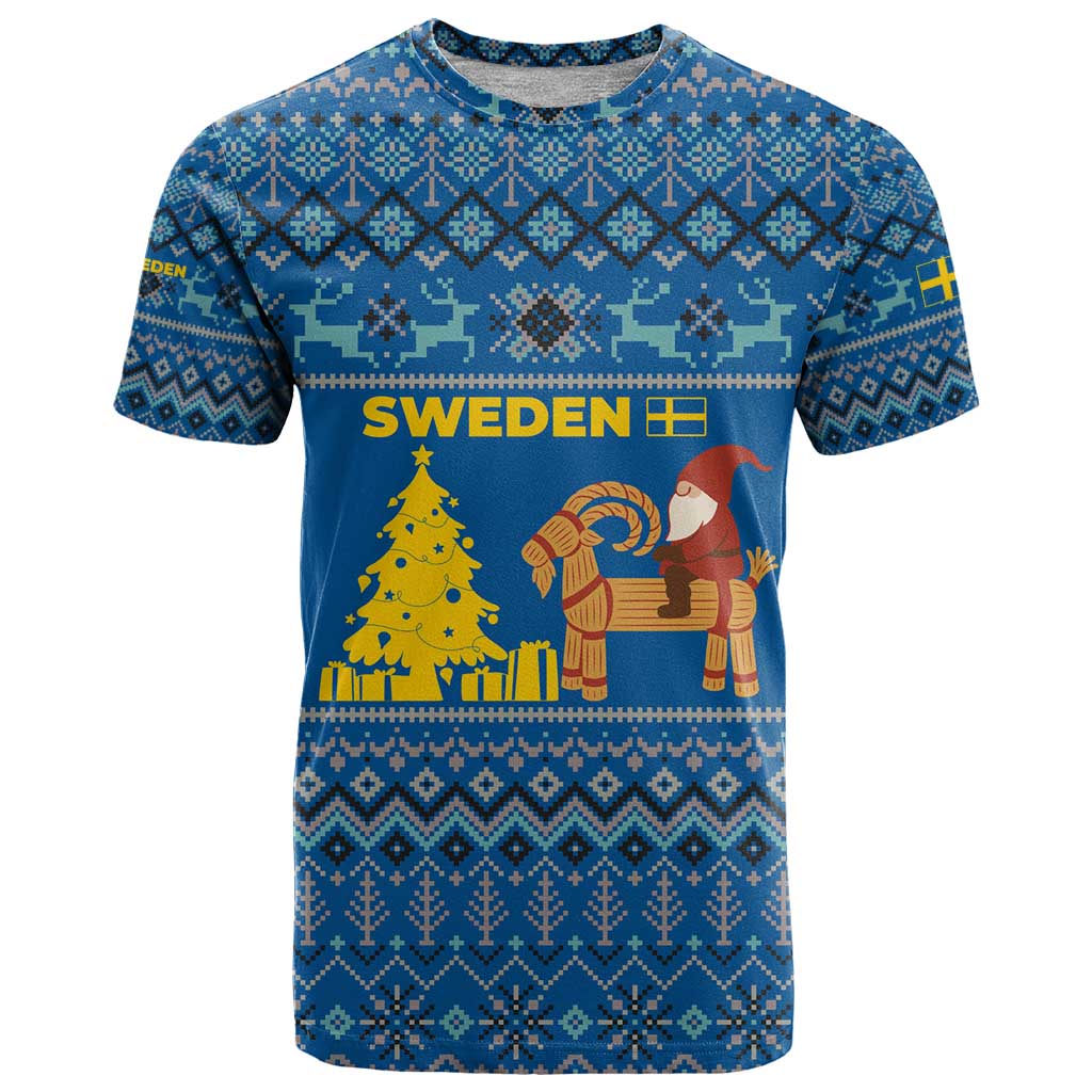Sweden Christmas T-Shirt with Gnome Yule Goat Royal Crest and Nordic Pattern Graphic Tee
