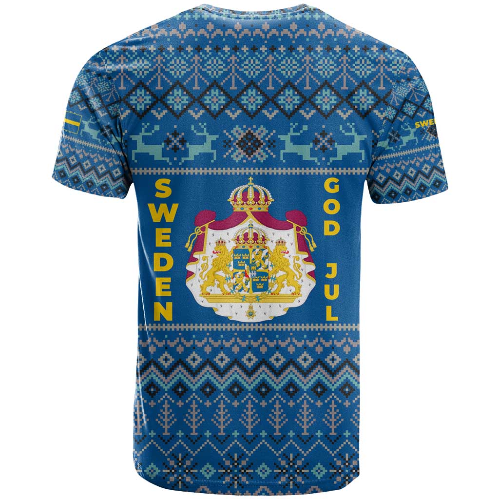 Sweden Christmas T-Shirt with Gnome Yule Goat Royal Crest and Nordic Pattern Graphic Tee