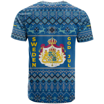 Sweden Christmas T-Shirt with Gnome Yule Goat Royal Crest and Nordic Pattern Graphic Tee