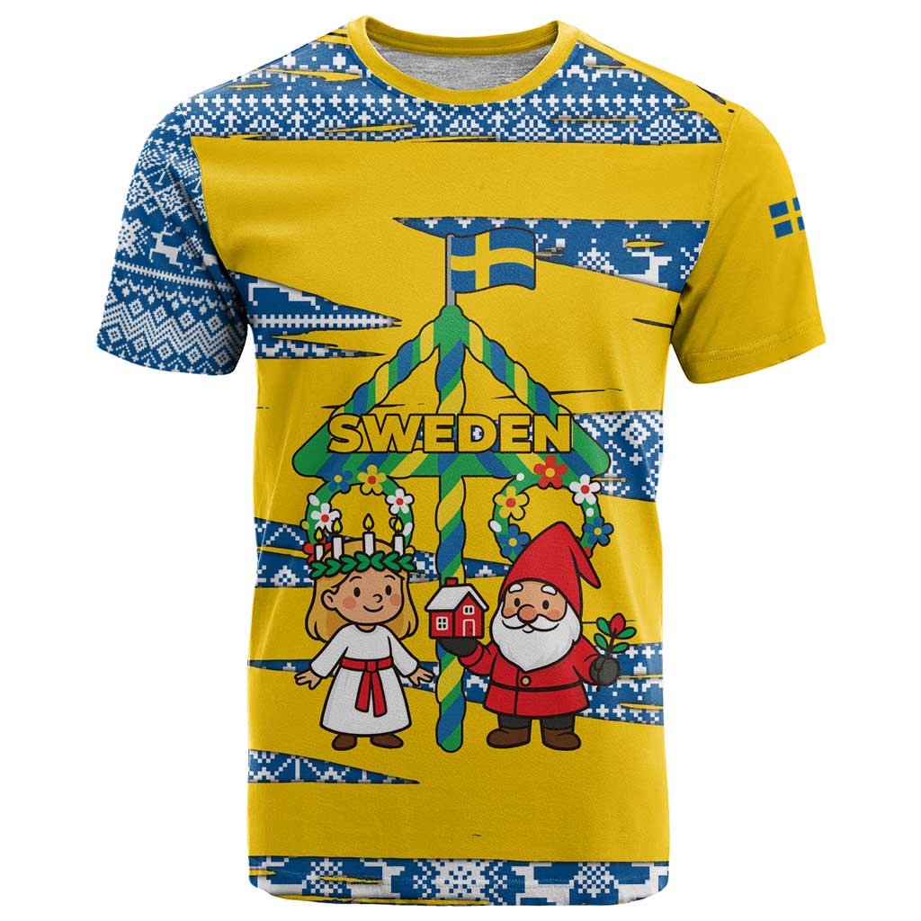 Sweden Christmas T-Shirt with Santa Lucia Girl Midsummer Pole Swedish Flag and Nordic Pattern Design Graphic Tee