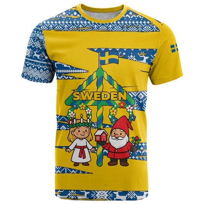 Sweden Christmas T-Shirt with Santa Lucia Girl Midsummer Pole Swedish Flag and Nordic Pattern Design Graphic Tee
