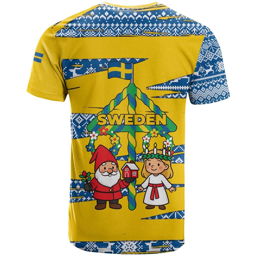 Sweden Christmas T-Shirt with Santa Lucia Girl Midsummer Pole Swedish Flag and Nordic Pattern Design Graphic Tee