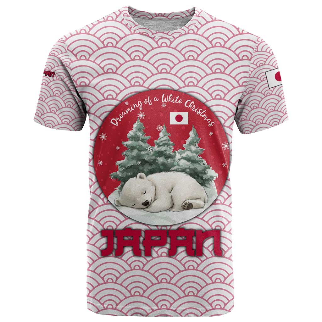 Japan Christmas T-Shirt with Sleeping Polar Bear Pine Trees and Chrysanthemum Crest Pattern Graphic Tee