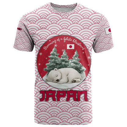 Japan Christmas T-Shirt with Sleeping Polar Bear Pine Trees and Chrysanthemum Crest Pattern Graphic Tee