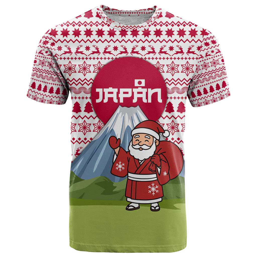 Japan Christmas T-Shirt with Santa Mount Fuji Rising Sun and Festive Pattern Design Graphic Tee