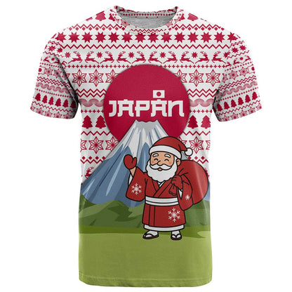 Japan Christmas T-Shirt with Santa Mount Fuji Rising Sun and Festive Pattern Design Graphic Tee