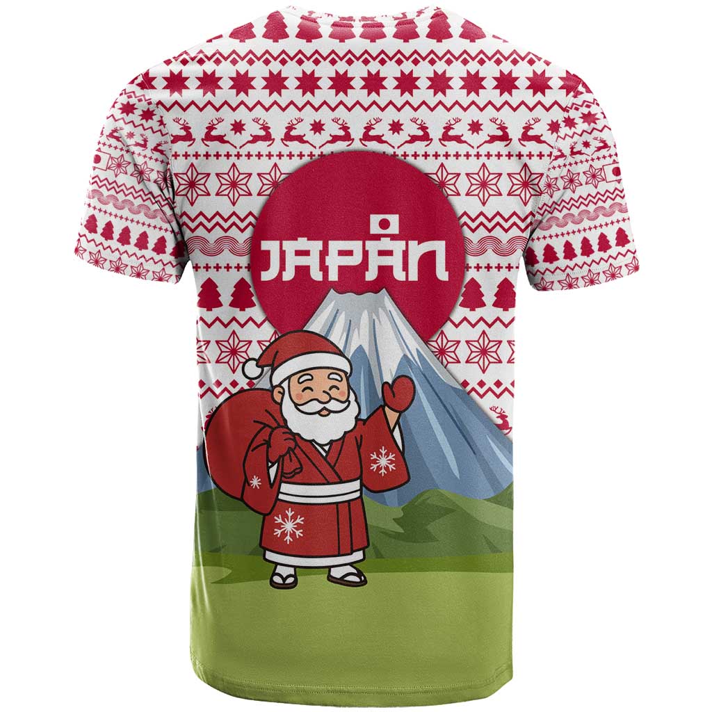 Japan Christmas T-Shirt with Santa Mount Fuji Rising Sun and Festive Pattern Design Graphic Tee