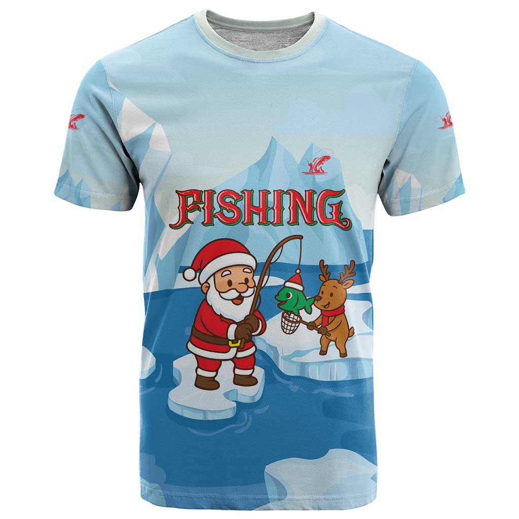 Christmas Fishing T-Shirt with Santa Claus Reindeer Iceberg and Merry Fishmas Design Graphic Tee