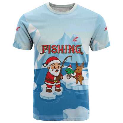Christmas Fishing T-Shirt with Santa Claus Reindeer Iceberg and Merry Fishmas Design Graphic Tee
