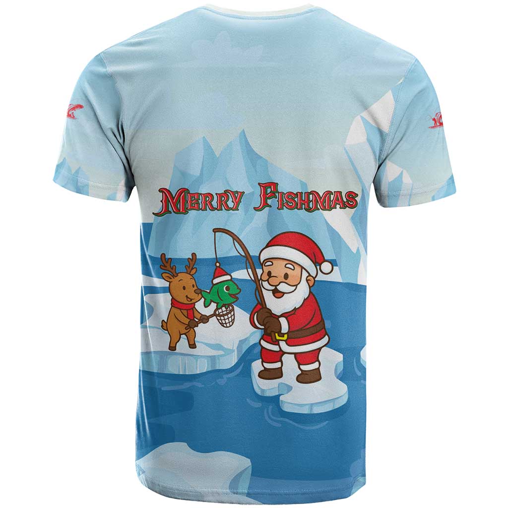 Christmas Fishing T-Shirt with Santa Claus Reindeer Iceberg and Merry Fishmas Design Graphic Tee