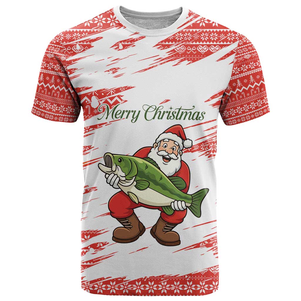 Christmas Fishing T-Shirt with Santa Claus Fish Tree and Red Snowflake Pattern Graphic Tee