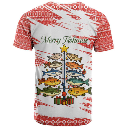Christmas Fishing T-Shirt with Santa Claus Fish Tree and Red Snowflake Pattern Graphic Tee