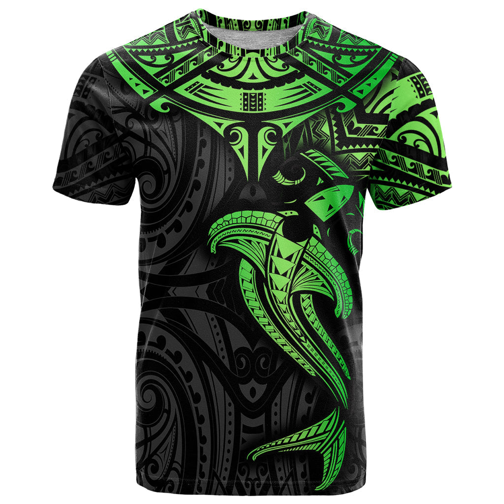 Polynesian T-Shirt Hammerhead Shark Tribal Pattern Black Green Version Graphic Tee