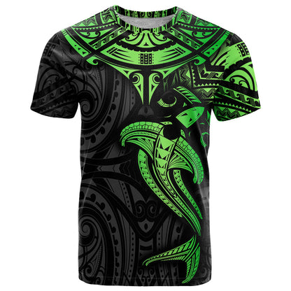 Polynesian T-Shirt Hammerhead Shark Tribal Pattern Black Green Version Graphic Tee