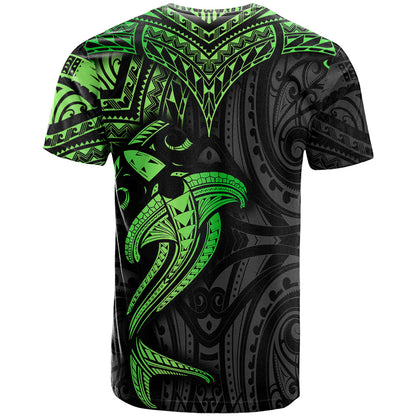 Polynesian T-Shirt Hammerhead Shark Tribal Pattern Black Green Version Graphic Tee