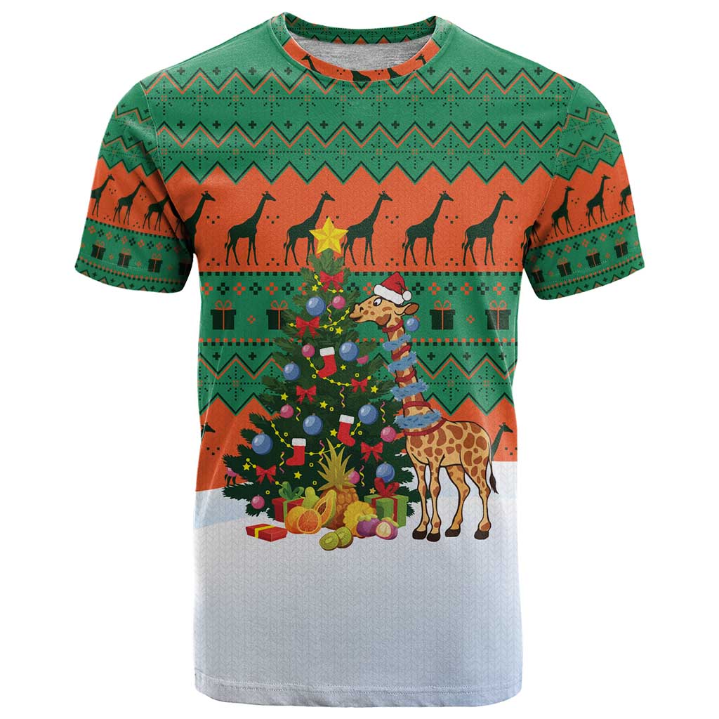 Giraffes Decorating Tree Gifts T-Shirt with Orange Green Holiday Pattern Design Graphic Tee