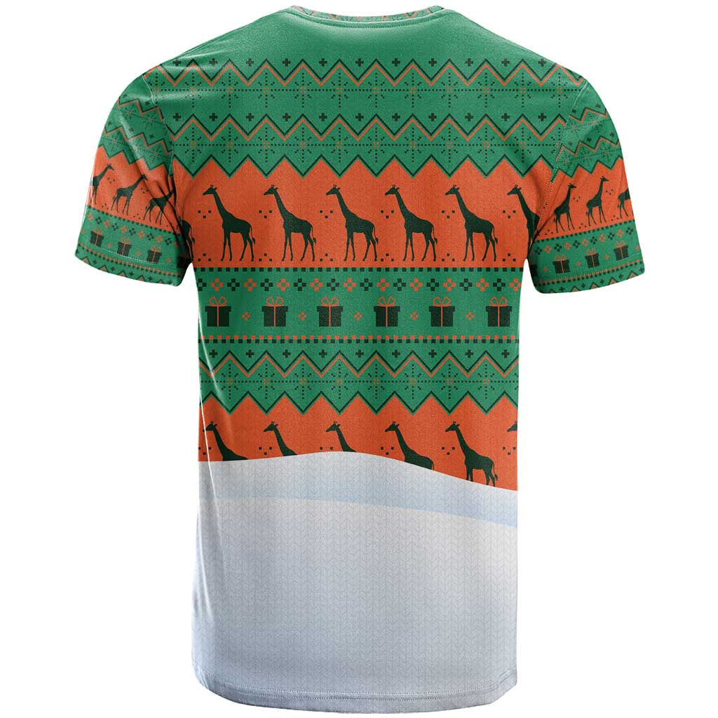 Giraffes Decorating Tree Gifts T-Shirt with Orange Green Holiday Pattern Design Graphic Tee