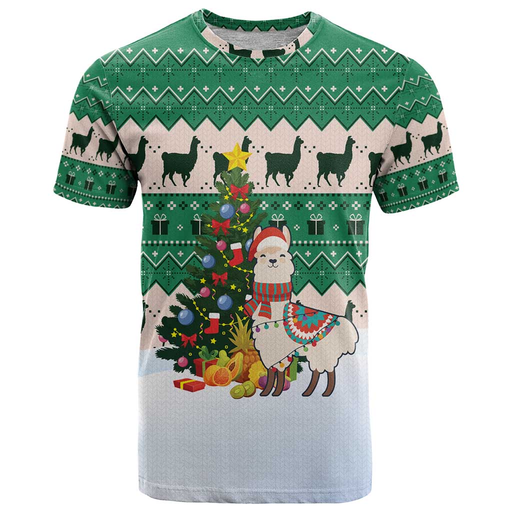 Llama Decorating Tree in Santa Hat T-Shirt with Green Gift Pattern Design Graphic Tee