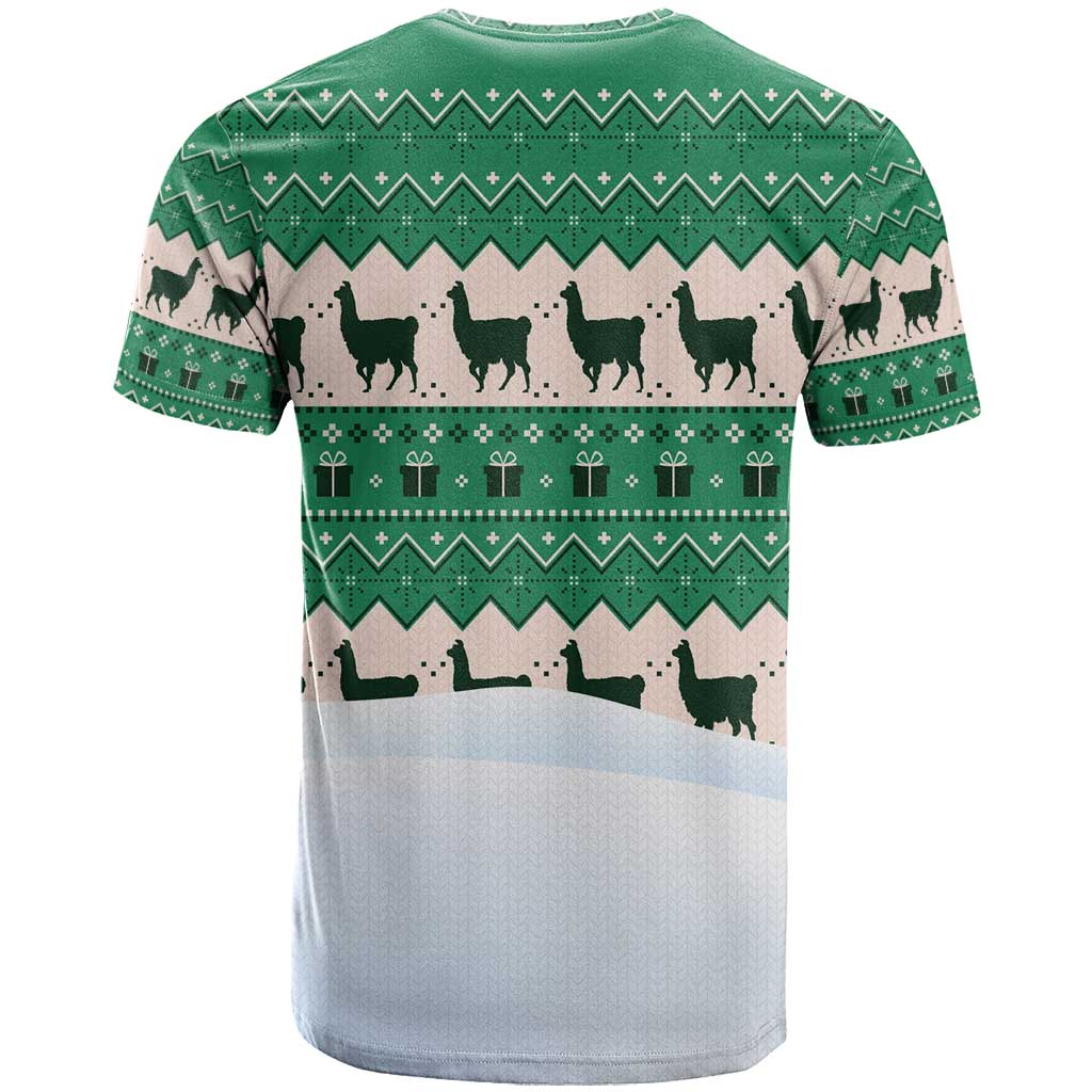 Llama Decorating Tree in Santa Hat T-Shirt with Green Gift Pattern Design Graphic Tee