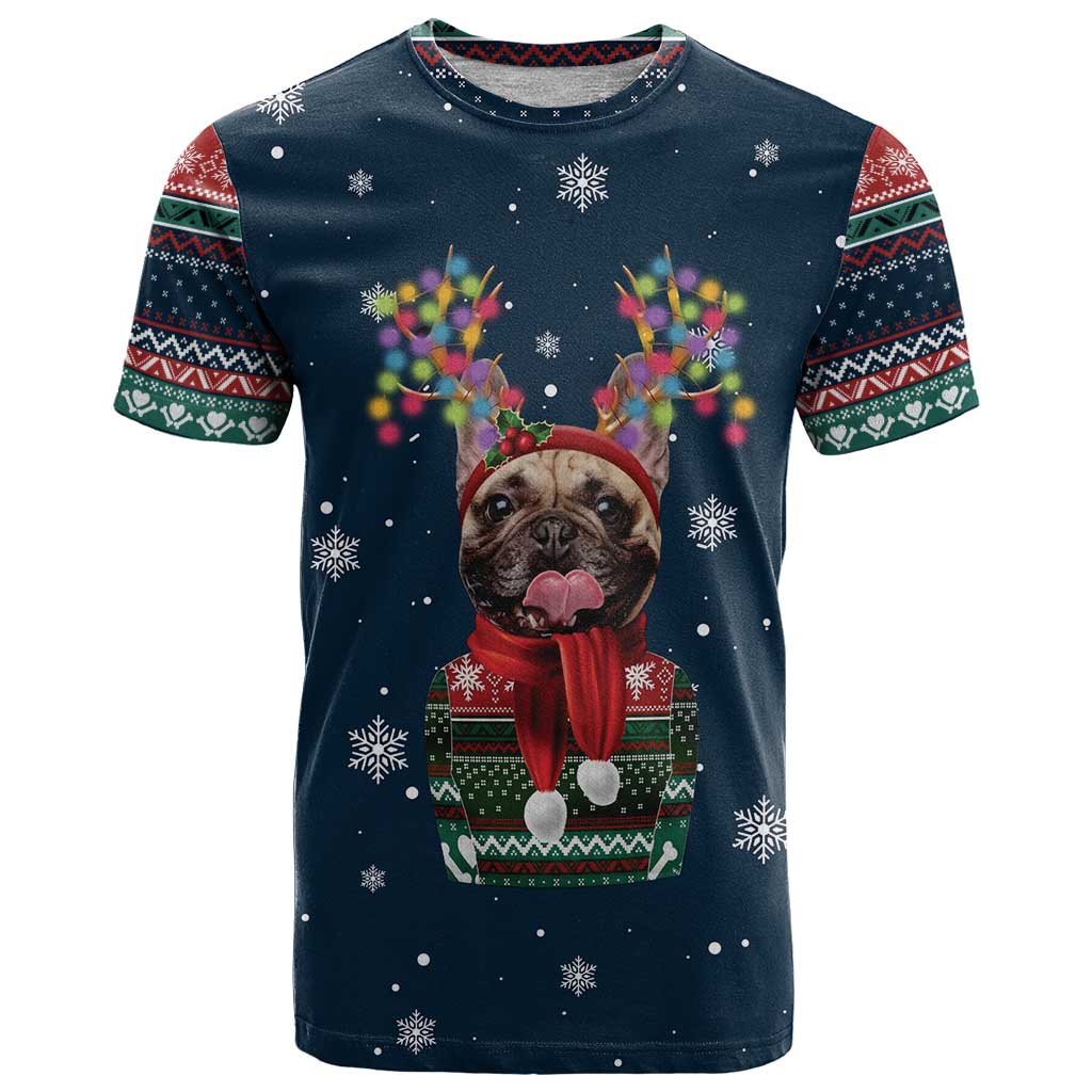 French Bulldog Reindeer Antlers Lights T-Shirt with Red Green Winter Pattern Design Graphic Tee