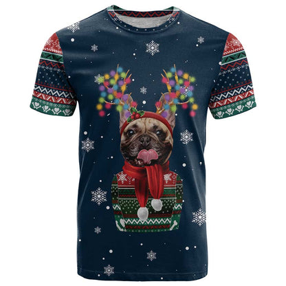 French Bulldog Reindeer Antlers Lights T-Shirt with Red Green Winter Pattern Design Graphic Tee