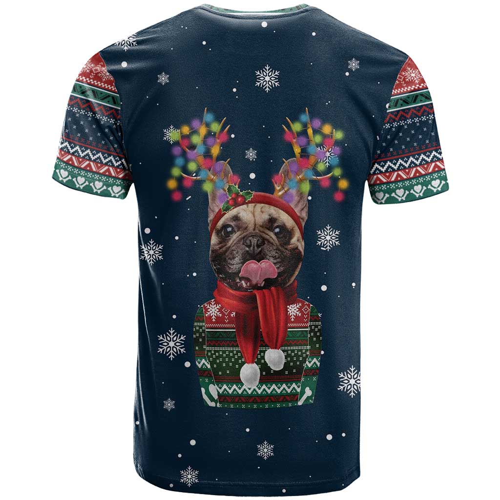French Bulldog Reindeer Antlers Lights T-Shirt with Red Green Winter Pattern Design Graphic Tee
