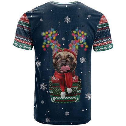 French Bulldog Reindeer Antlers Lights T-Shirt with Red Green Winter Pattern Design Graphic Tee